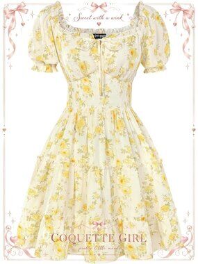 Women's Floral Corset Dress Square Neck Smocked Chiffon Mini with Pockets